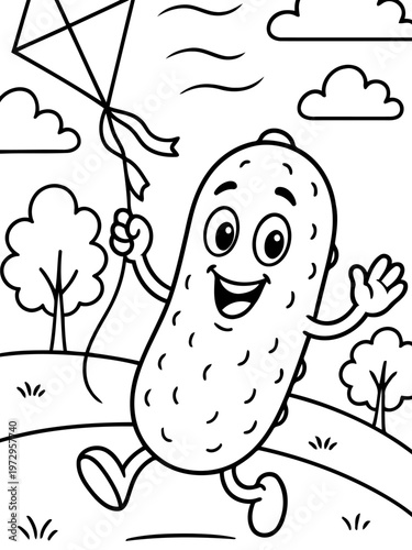 Pickle's Playful Flight: A jovial pickle soars through the sky with a kite, its face lit with glee, embodying the simple pleasures of a sunny day.