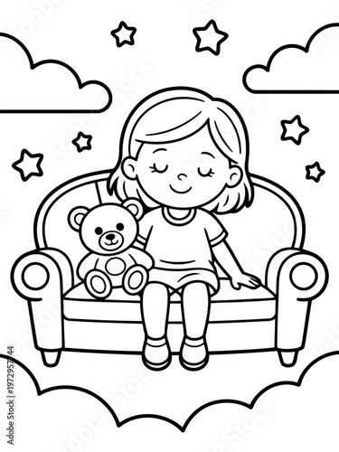 Dreamy Serenity: A young girl, lost in peaceful slumber, cuddles a beloved teddy bear while dreaming under a celestial canopy, enveloped in a world of gentle dreams.