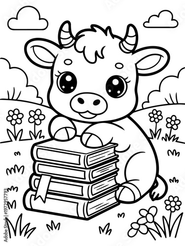 Knowledgeable Calf: A charming calf, exuding an aura of intelligence, is cozily nestled, embracing a stack of books, creating a scene of learning and the joys of exploration.