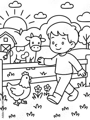 Young Farmhand's Daily Rounds: A cheerful child interacts with farm animals on a sunny day.