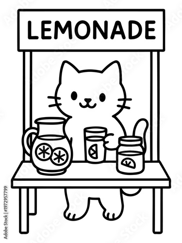 Lemonade Cat: An adorable cat operates a charming lemonade stand, offering a refreshing drink on a bright day.