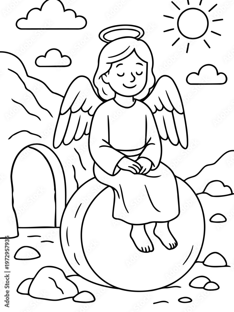 Fototapeta premium Angel's Contemplation: An angelic figure, complete with halo and wings, finds serenity seated upon a large rock, embodying peace and contemplation against a backdrop of nature's simple beauty.