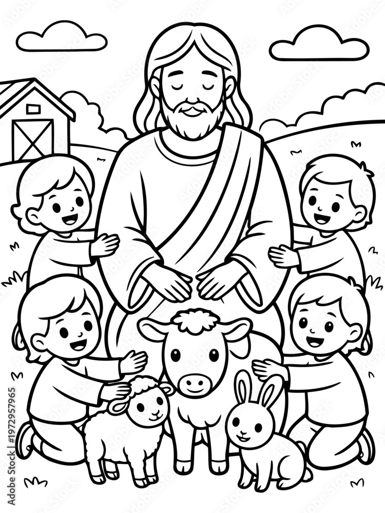 Fototapeta premium Jesus and Children: A heartwarming portrayal of Jesus surrounded by children and a host of animals, capturing a scene of love, peace, and serenity, all rendered in delightful simplicity.