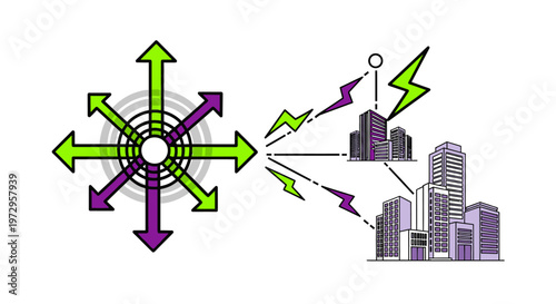 A futuristic cityscape with energetic arrows and lightning bolts radiating from a central point