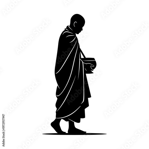 Buddhist Monk Walking with Alms Bowl Black Minimal Vector Illustration