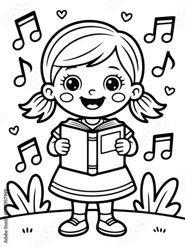 Harmony in Melody: A charming illustration depicts a young girl joyfully singing from a book, surrounded by musical notes and hearts, symbolizing the love for music and its uplifting power.