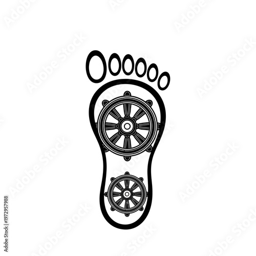 Buddha Footprint Dharmachakra Symbol Black Minimal Vector Illustration