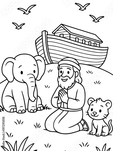 Noah's Ark: A tranquil depiction of Noah with animals in a scene of faith and salvation. Animals gather with him on the hill, symbolising a sacred covenant.