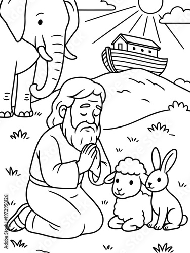 Noah's Ark Illustration: An illustration depicting Noah with animals. A symbol of faith, protection, and the promise of new beginnings, set against a backdrop of a divine landscape.
