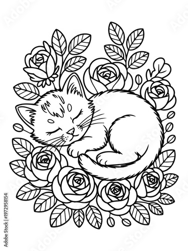 Serene Sleep of Feline Amidst Blooms: A charming kitten, curled in peaceful slumber, is nestled amidst an intricate arrangement of delicate roses and lush leaves.