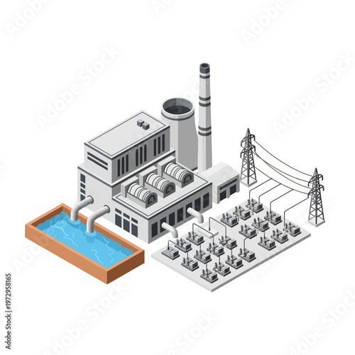 Industrial Power Plant with Cooling Pond and Electrical Grid.