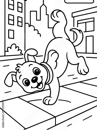 Playful Pup's City Stroll: A charming cartoon pup happily explores a city setting, capturing a moment of playful delight against an urban backdrop.