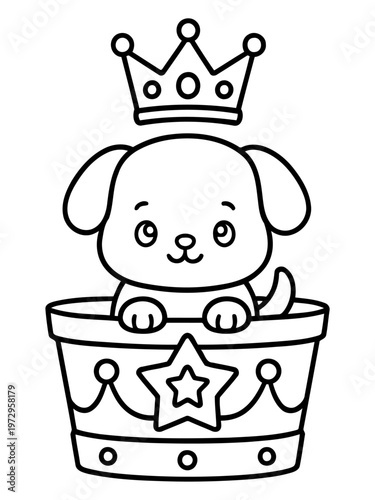 Royal Puppy: A cute puppy, adorned with a regal crown, sits in a decorated vessel, embodying the charm and innocence of royalty.