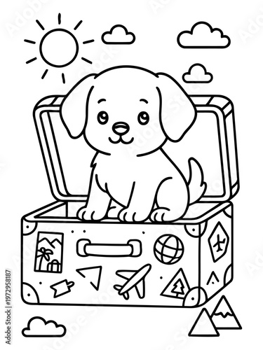 Traveling Pup's Adventure: A charming illustration depicts a delightful pup nestled within an open travel suitcase, ready for exciting escapades. Embodying wanderlust and the joy of journeying.