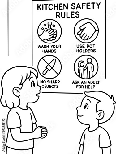 Kitchen Safety Rules: Children observe kitchen safety rules. A young boy and girl are shown observing rules and regulations. The image shows illustrations of washing hands, using pot holders.