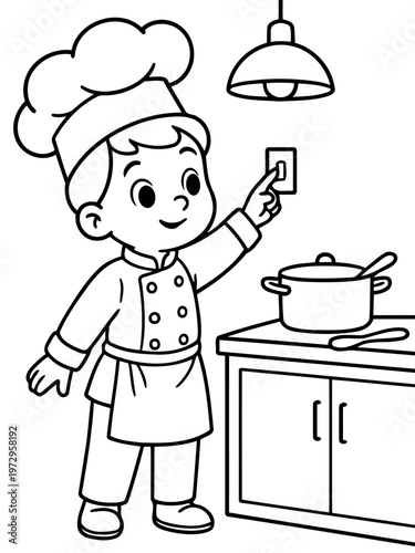 Little Chef's Kitchen: A young chef, dressed in a traditional uniform, turns on a light in a well-equipped kitchen, ready to begin culinary adventures.