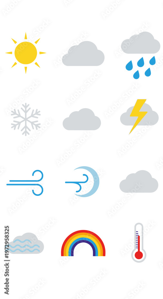 Obraz premium Weather forecast icons on white background.