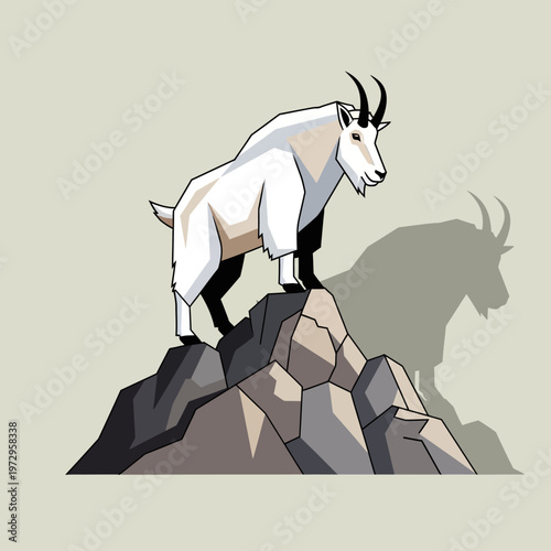 White Goat Standing on Rocky Mountain.