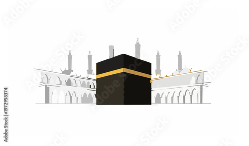 Muslim pilgrims performing tawaf around the Kaaba in Mecca Islamic pilgrimage vector illustration
