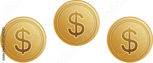 Golden Dollar Coins Set Isolated on White Background Financial Wealth Concept.