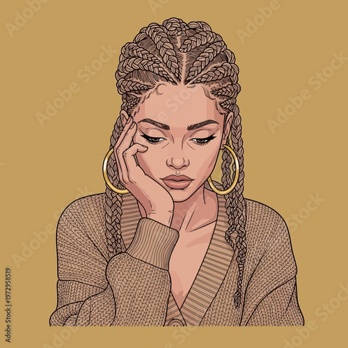 Woman with Braided Hair and Hand on Face.