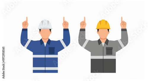 Two industrial workers wearing hard hats and safety uniforms raise their hands and point their index fingers upward on a white background.