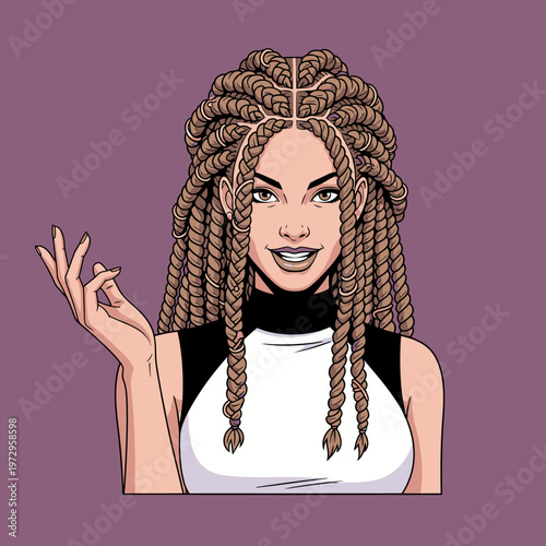 Woman with braided hairstyle smiling.