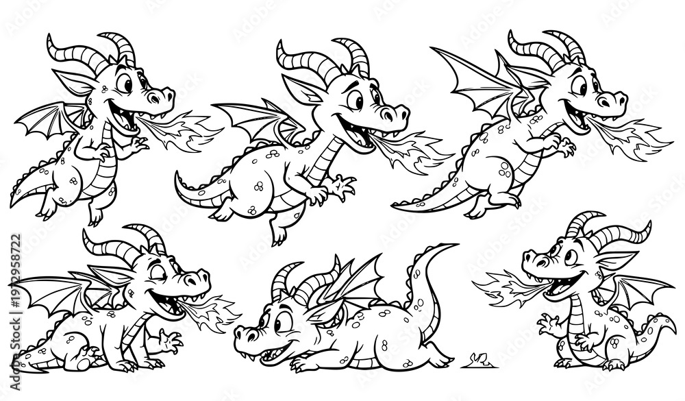 Obraz premium A set of cute cartoon dragons in various playful poses and expressions