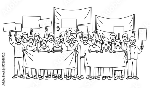 A group of people protesting with signs and banners in a line art style