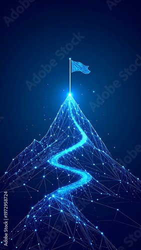 Digital depiction of a mountain peak with a flag on top, connected by a winding path of glowing dots