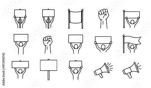 Cuadro en lienzo A set of line art protest icons including hands holding signs and megaphones