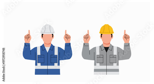 A blue-clad worker and a grey-clad worker in safety helmets point their fingers upward while standing side by side against a white backdrop.