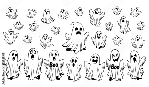 A black and white vector graphic illustration of various ghost designs for Halloween