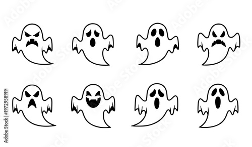 A set of eight ghost icons in various emotive expressions