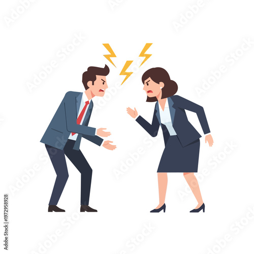 Business conflict illustration: Man and woman arguing with lightning bolts, conflict, disagreement