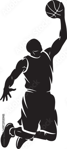 Black silhouette basketball player jumping to dunk ball