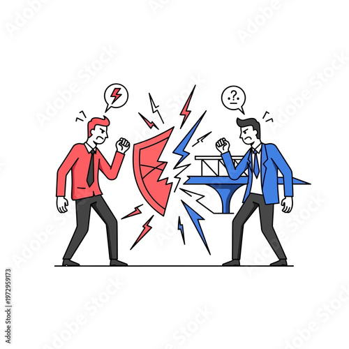 Business Conflict: Two businessmen clashing, breaking a shield, symbolizing dispute and opposition.