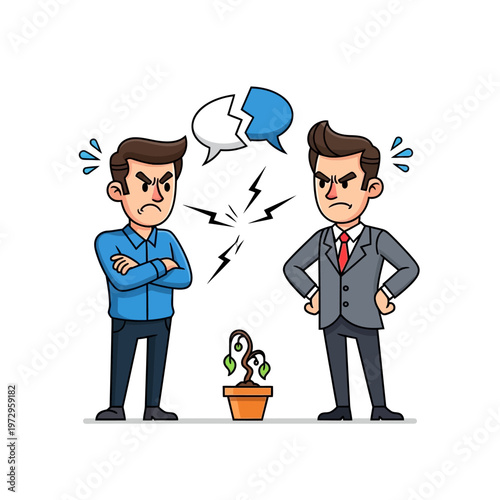 Business conflict: Two men arguing over a wilting plant, symbolizing dispute and disagreement.