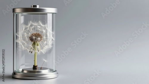 Single dandelion seed head preserved inside modern cylindrical glass display case on neutral grey background representing fragile beauty and timeless nature photography