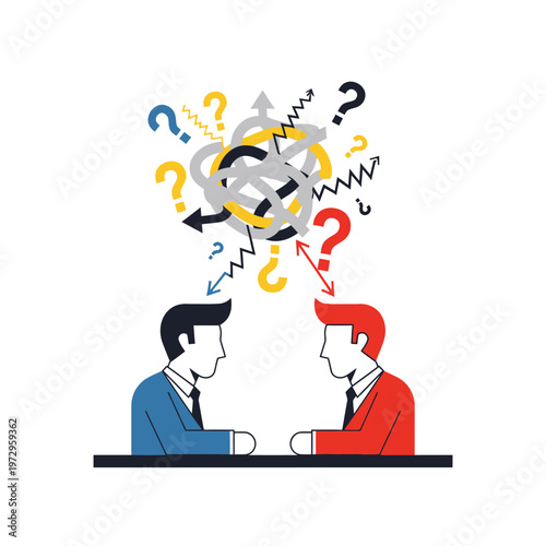Business meeting confusion, two businessmen with tangled thoughts and question marks