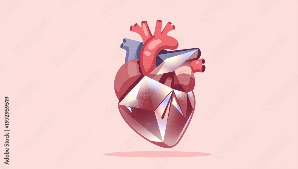 Fototapeta premium Human heart anatomical illustration featuring a crystalline diamond lower section representing cardiac health and medical strength in a vibrant vector graphic style