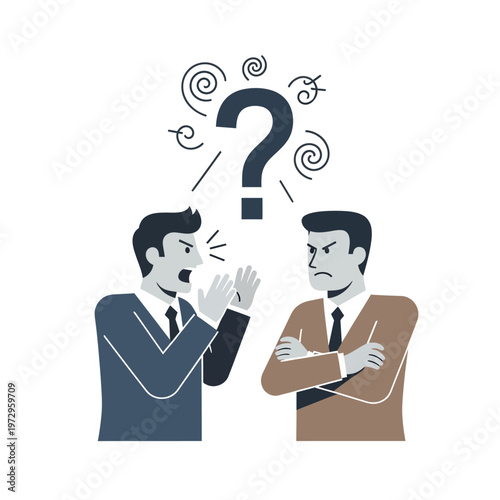Conflict and confusion between two businessmen, question mark symbolizing dispute and disagreement.