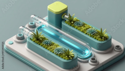 Isometric view of a futuristic water filtration and plant growth system with glass tubes and green succulents on a clean light gray background 3D render