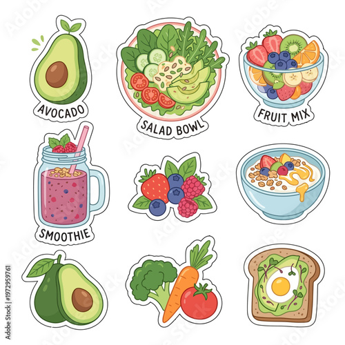 Colorful stickers of healthy food and drinks.