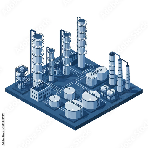 Isometric Industrial Chemical Plant Facility with Towers and Tanks.