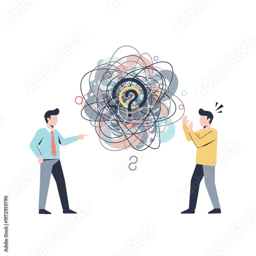 Businessmen pointing at complex problem, question mark confusion, strategy challenge