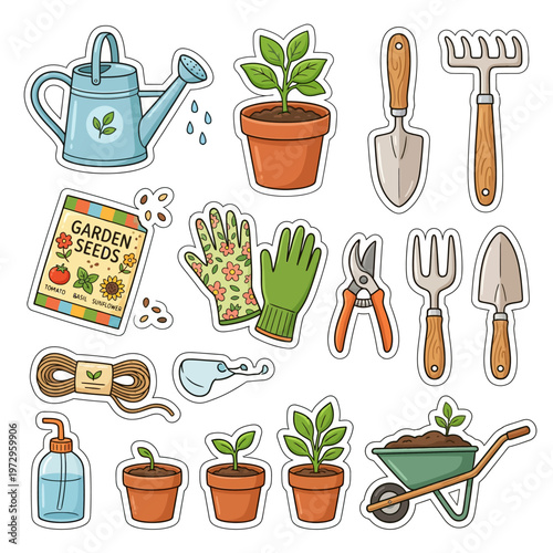 Gardening tools and plants icons set.