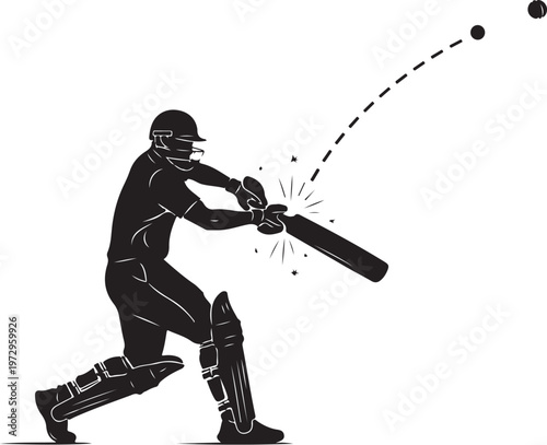 Black silhouette cricket player hitting ball with bat and sparks