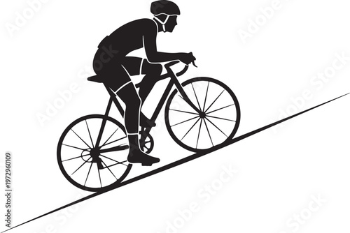 Black silhouette cyclist riding uphill on white background