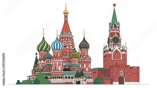 Detailed illustration of the iconic Saint Basils Cathedral and the Kremlin tower in Red Square, Moscow, on a white background.